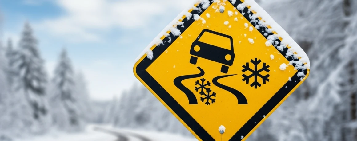 Road sign warning of winter road conditions