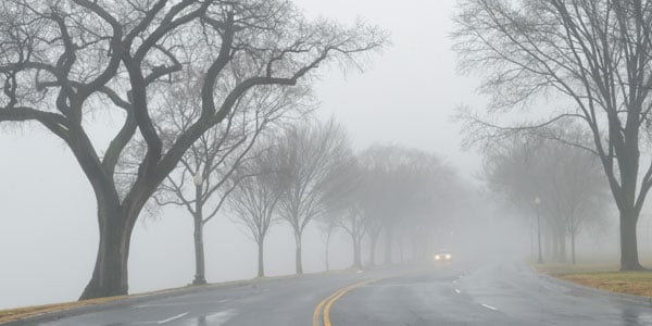 Car on foggy country road