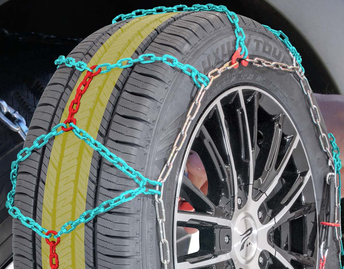 Graphicthat shows the diamond pattern of a properly fitted QuickFIt tire chain