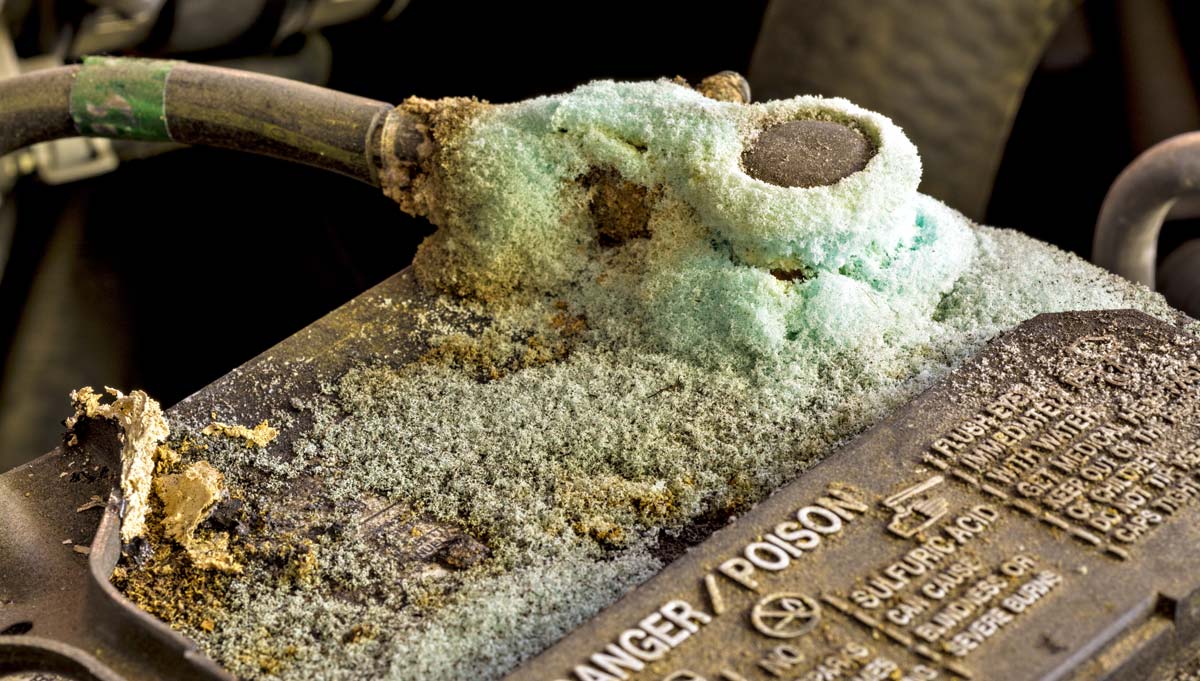 Corrosion on a car battery terminal.