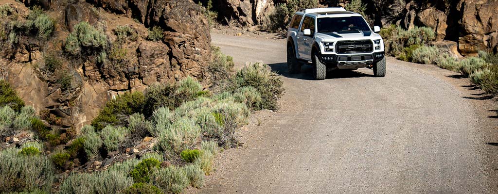 White pickup on a gravel road