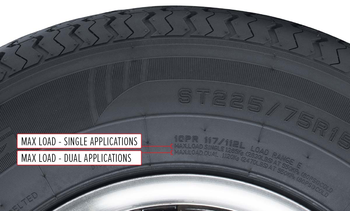 Sidewall of tire with max load called out for single and dual applications.