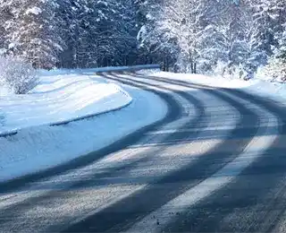 A slushy road carves through through snow-covered trees.