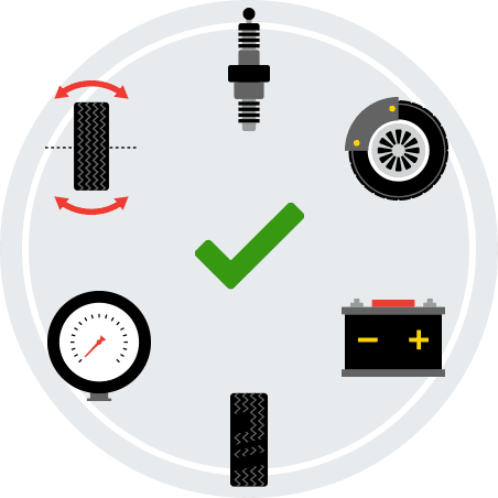 An illustration representing the six Les Schwab services that comprise the pre-trip safety check.