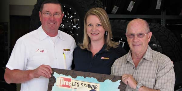 Three generations of Les Schwab employees: Christy Davison, her father Jeff James and her grandfather Gary Brown.