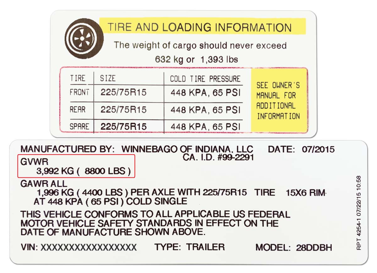Travel trailer placard showing maximum load.