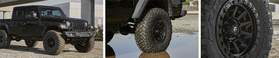 Example of mud terrain tires on a black Jeep